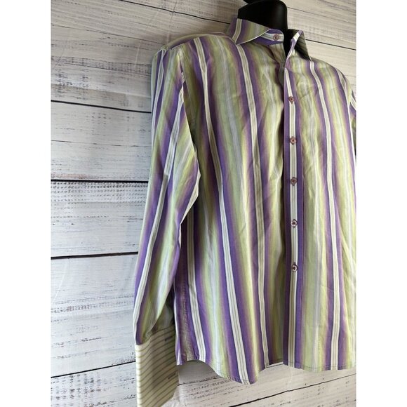 Robert Graham Dress Shirt Lime GreenPurple White Striped Colorful Button Down - Picture 2 of 16